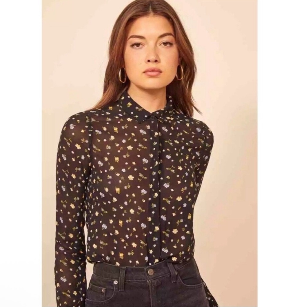 New reformation sheer black floral blouse